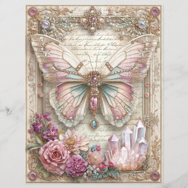 Pink Butterfly Junk Journal Scrapbook Paper (Frente)