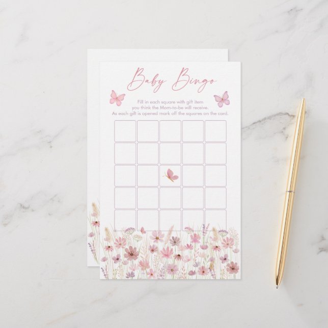 Pink Butterfly Wildflowers Baby Shower Bingo Game (Frente/Verso In Situ)