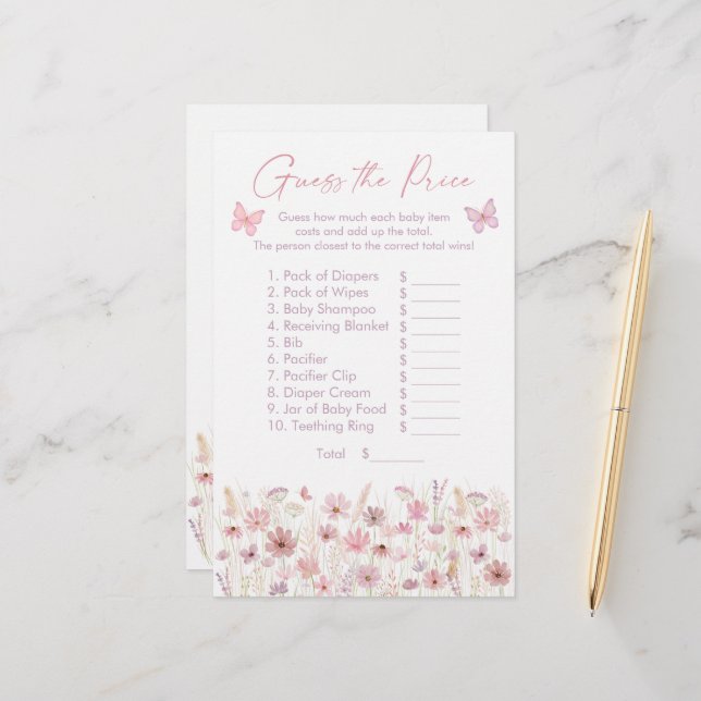 Pink Butterfly Wildflowers Guess the Price Game (Frente/Verso In Situ)