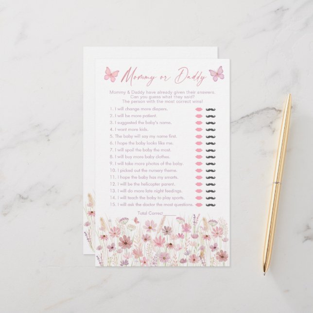 Pink Butterfly Wildflowers Guess Who Said It Game (Frente/Verso In Situ)