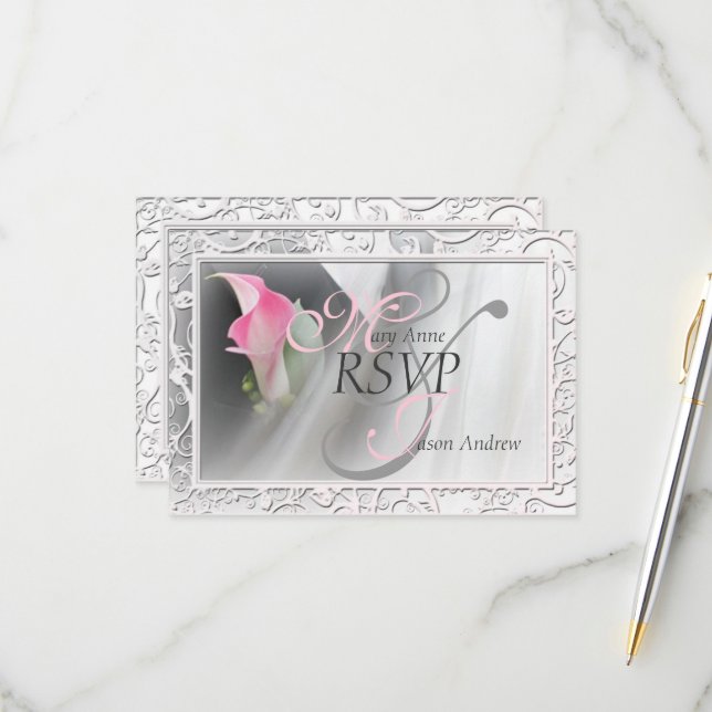 Pink Calla Lily Flourish Frame Weding RSVP (Frente/Verso In Situ)