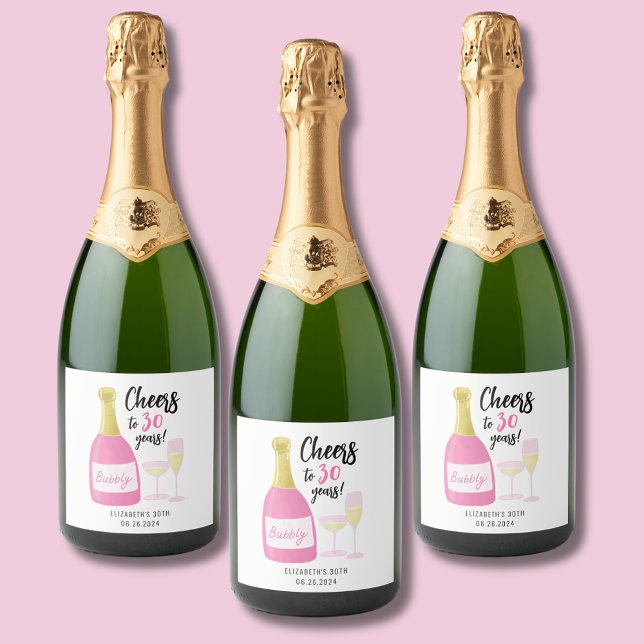 Pink Cheers to 30 anos de festa de aniversário de  (Cheers to 30bottle labels.  Full 30th birthday party range collection.)
