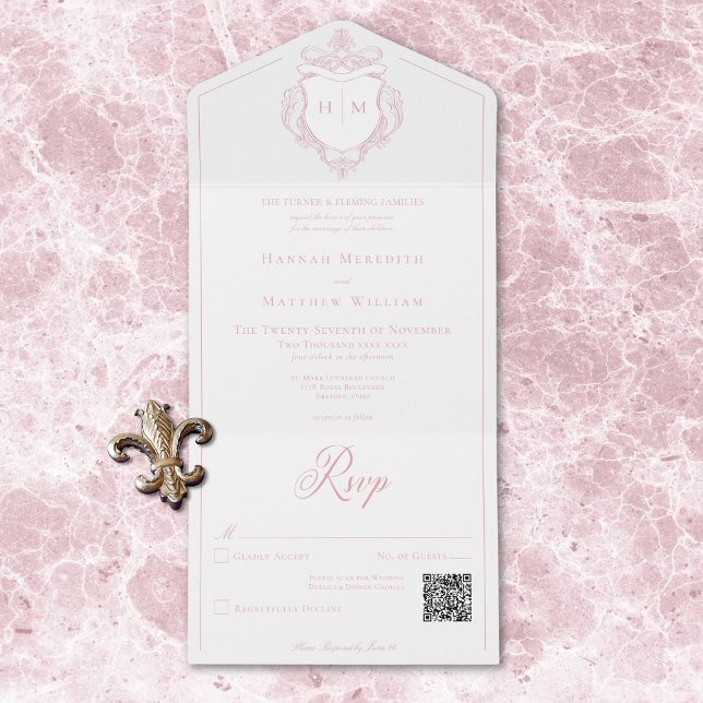 Pink Chinoiserie Bird Crest Casamento QR (Elegant Pink Chinoiserie Bird Crest Wedding QR All In One Invitation)