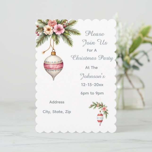 Pink Christmas Ornament Party Invitation (Em pé/Frente)