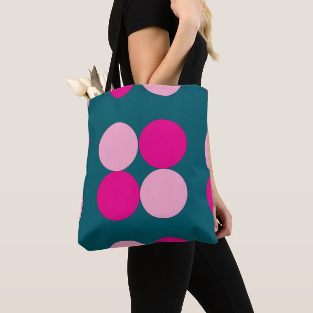 Pink Circles on Green Tote (Close Up)