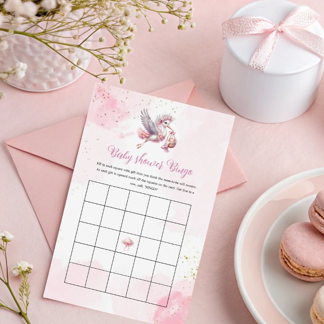 Pink Cloud Baby Shower Bingo with Stork Design (Criador carregado)