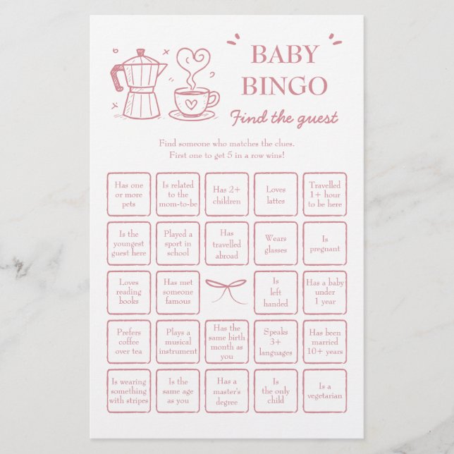Pink Coffee Find the Guest Baby Bingo Game (Frente)