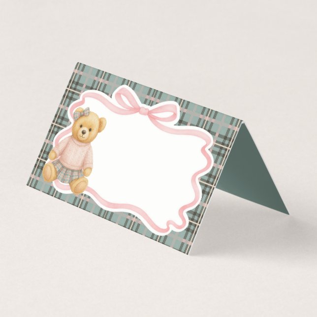 Pink Coquette Bow Bear Tartan Plaid Place Card (Frente)