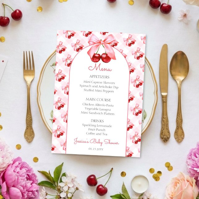 Pink Coquette Bow Cherry Baby Shower Menu (Criador carregado)