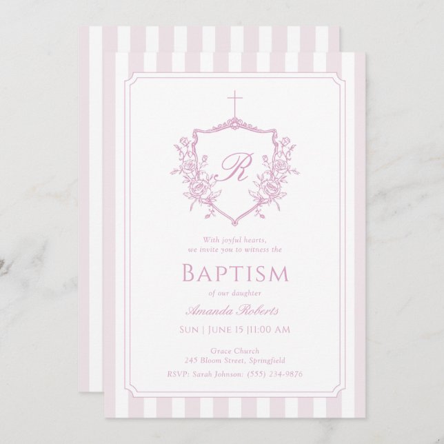 Pink Crest Monograma Baptism Convite (Frente/Verso)