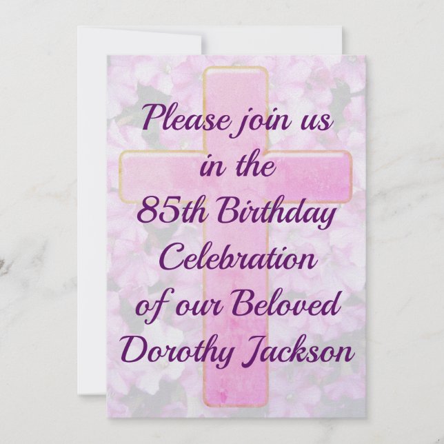 PINK CROSS E FLORAL 85.O CONVITE DE ANIVERSÁRIO (Frente)