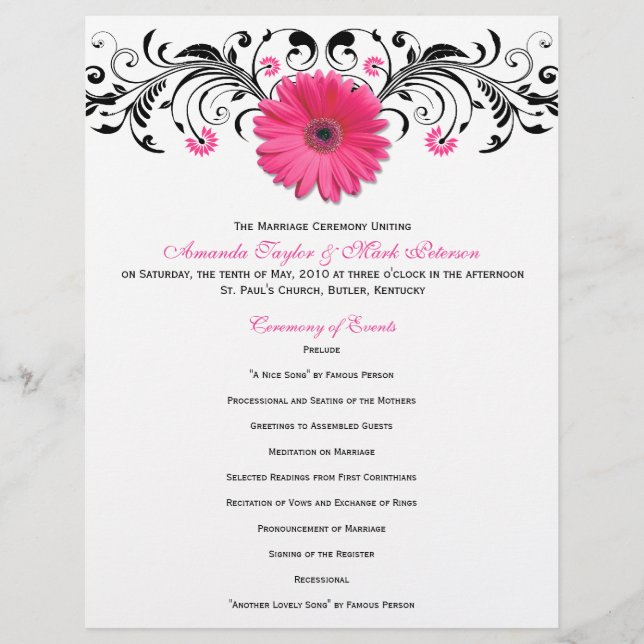 Pink Daisy Black White Floral Weding Program (Frente)
