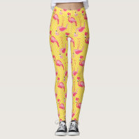 Pink Flamingo Pattern on Yellow Girly Leggings
