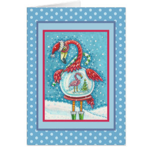 PINK FLAMINGO SNOWGLOBE, CHRISTMAS GREETING CARTÃO