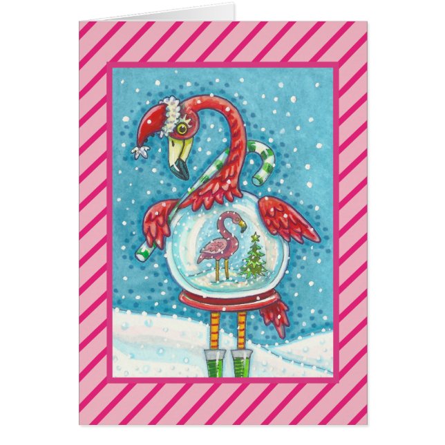 PINK FLAMINGO SNOWGLOBE, CHRISTMAS GREETING CARTÃO (Frente)