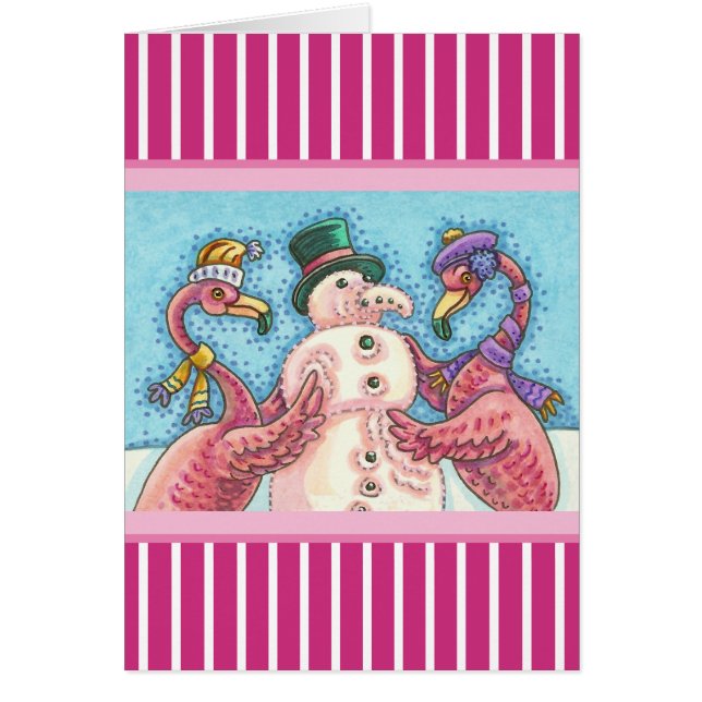 PINK FLAMINGO SNOWMAN, CHRISTMAS GREEETING CARTÃO  (Frente)