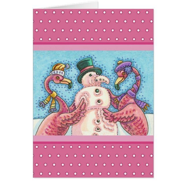 PINK FLAMINGO SNOWMAN, CHRISTMAS GREEETING CARTÃO  (Frente)