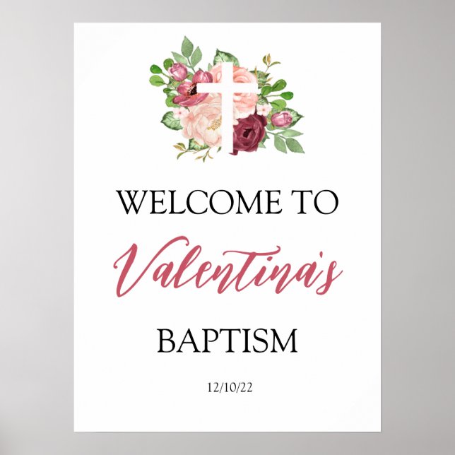  Pink Floral Baptism Welcome Poster (Frente)