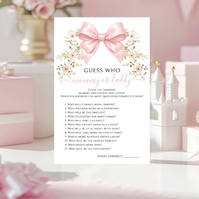 Pink Floral Bow Baby Shower Mommy or Daddy Game (Criador carregado)