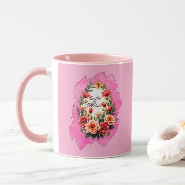 Pink Floral Easter Egg – Spring Art - caneca (Com Donut)