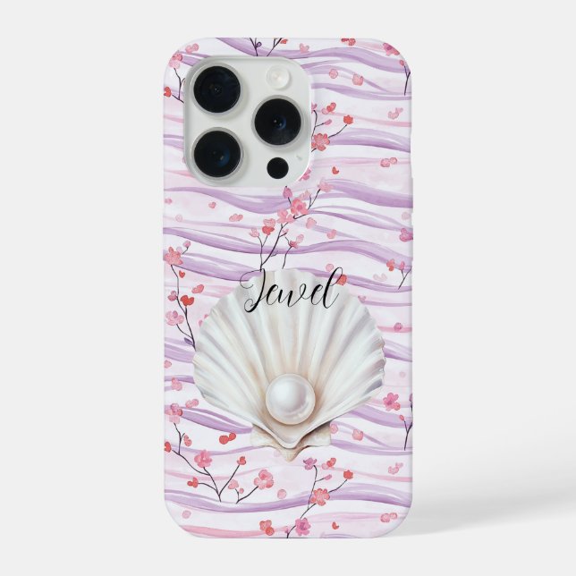 Pink Floral Purple Stripes Shell Pearl (Verso)