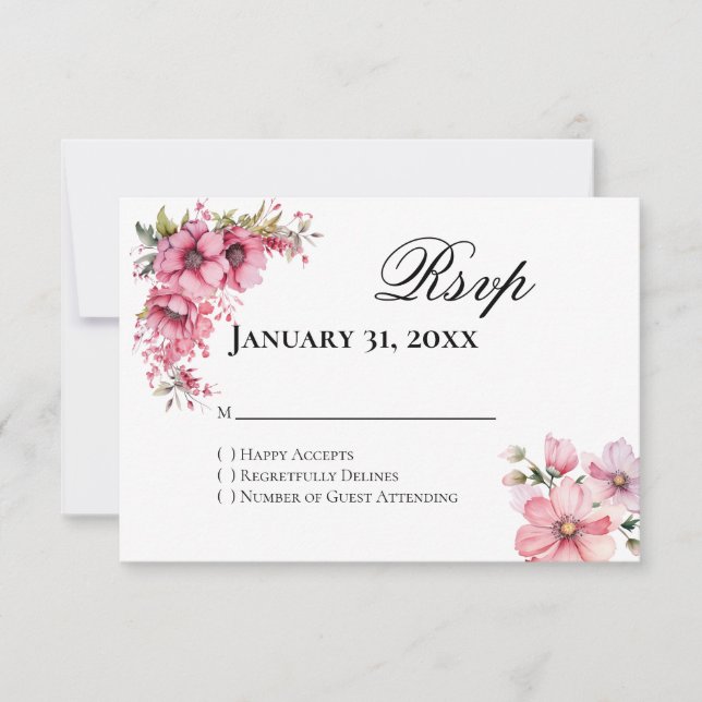 Pink Floral Reply RSVP Card (Frente)