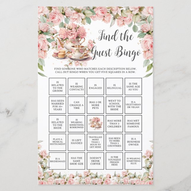 Pink Floral Tea Party Bridal Find the Guest Bingo (Frente)