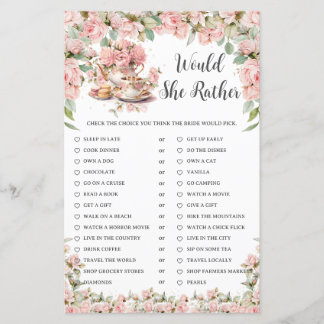 Pink Floral Tea Party Bridal Would She Rather Game