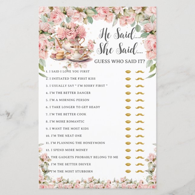 Pink Floral Tea Party He Said She Said Bridal Game (Frente)