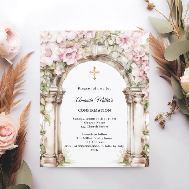 Pink florals arch girl Confirmation invitation (Criador carregado)