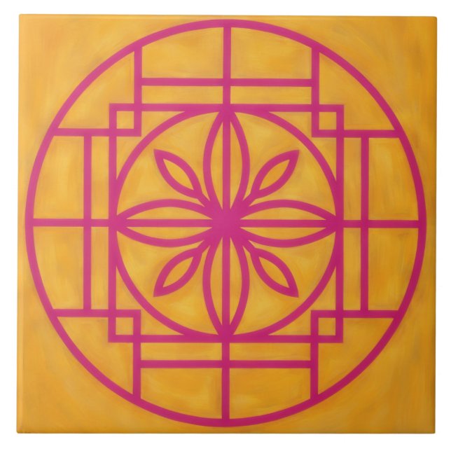 Pink Flower Symbol Decorative Tile on Gold (Frente)