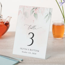 Pink Flowers, Greenery, Baptism Table Numbers