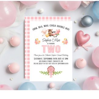 Pink Gingham Barnyard Segundo Convite Aniversário