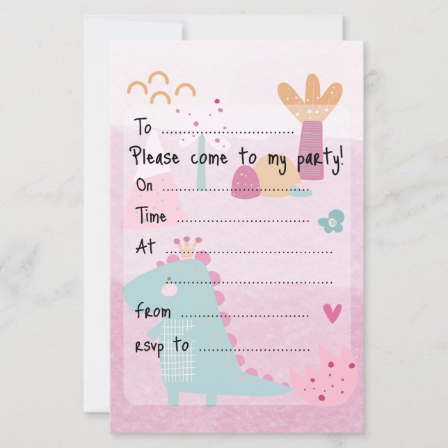 Pink Girl Dino Birthday Party Fill--In Paper Sheet (Frente)