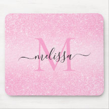 Pink Glitter Script Name Monograma Mouse Pad