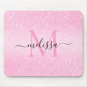 Pink Glitter Script Name Monograma Mouse Pad