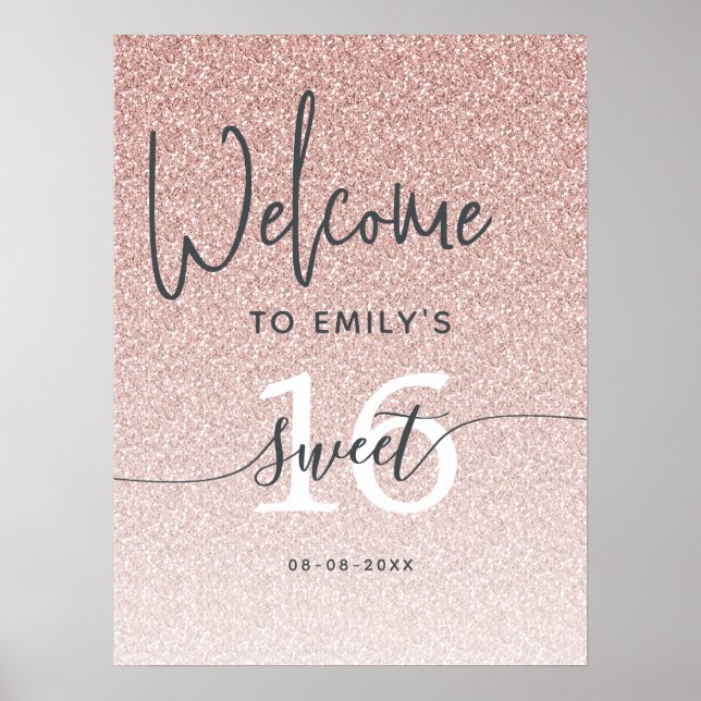 Pink Glitter Sweet 16 Welcome Sign Poster (Frente)