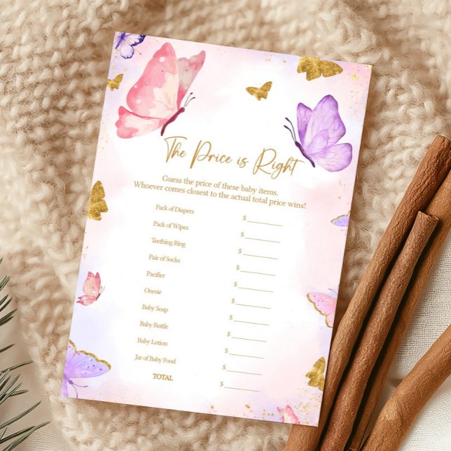 Pink Gold Purple Butterfly Baby Shower Price Game (Butterfly Baby Shower Game)