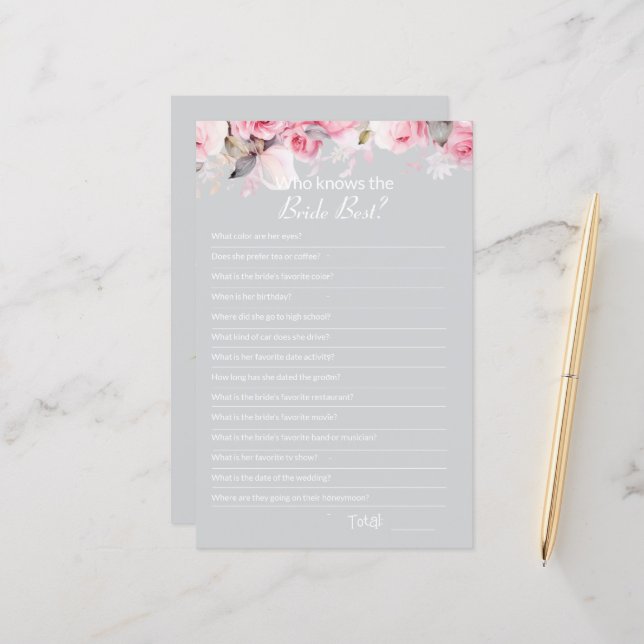 Pink Gray Bridal Shower How well do you Game Card (Frente/Verso In Situ)
