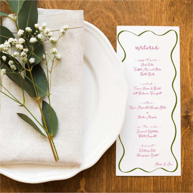 Pink & Green Hand Drawn Curvy Border Wedding Menu (Criador carregado)