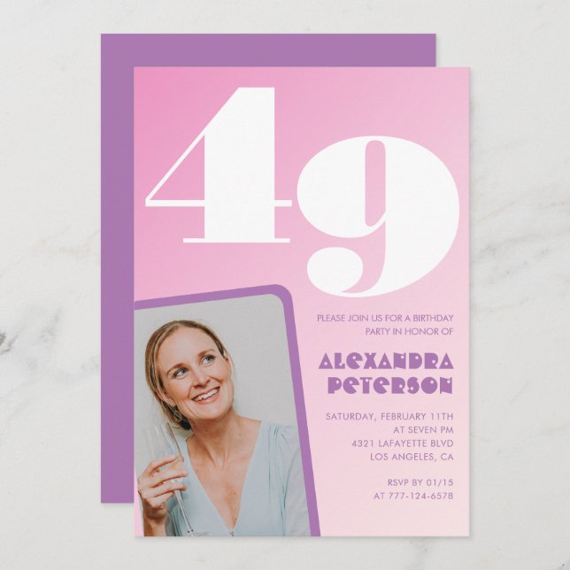 Pink Groovy 49º convites de aniversário Foto Retro (Frente/Verso)