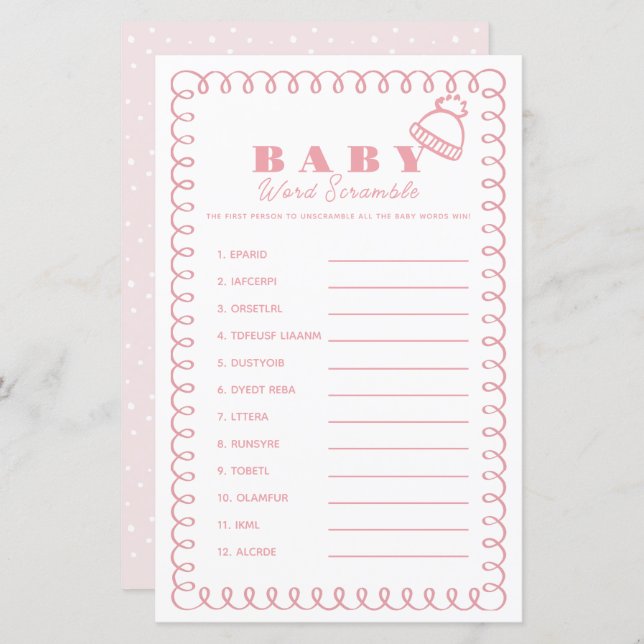 Pink Hand-Drawn Beanie Girl Baby Word Scramble (Frente/Verso)