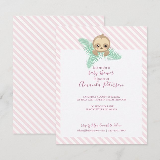 Pink Happy Baby Sloth Chá de fraldas Convite (Frente/Verso)