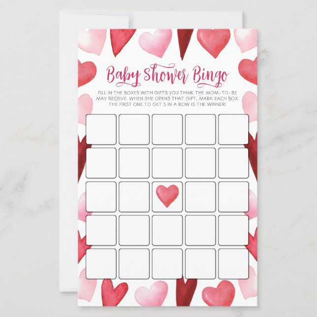 Pink Hearts Baby Shower Bingo Game Card (Frente)