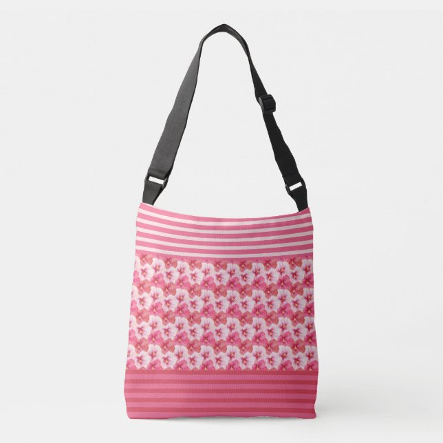 Pink Hibiscus Flowers & Stripes Floral Tote (Frente)