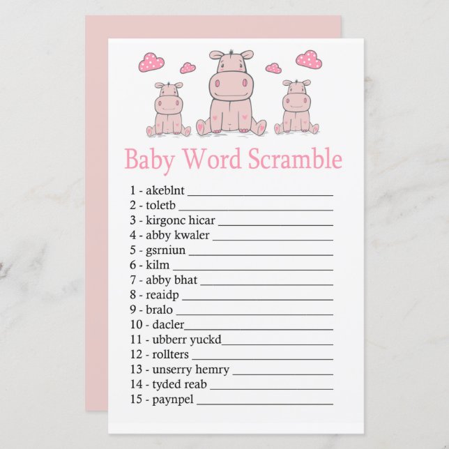 Pink Hippo Baby word scraps game (Frente/Verso)