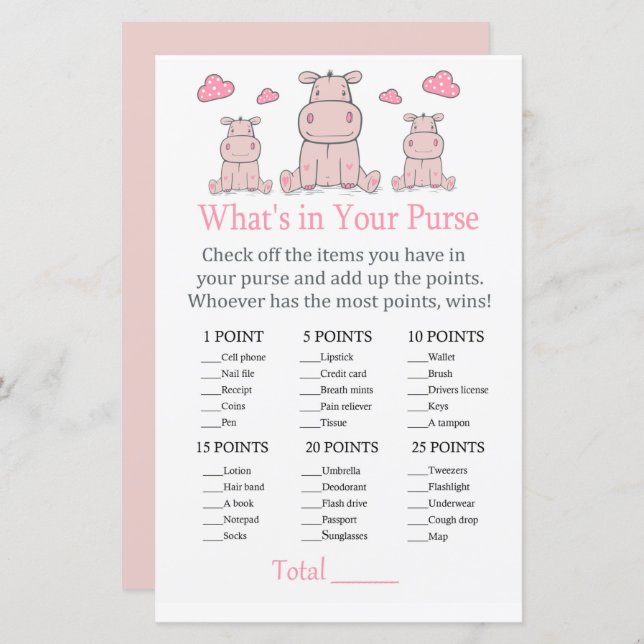 Pink Hippo O que há no seu jogo de bolsa (Frente/Verso)