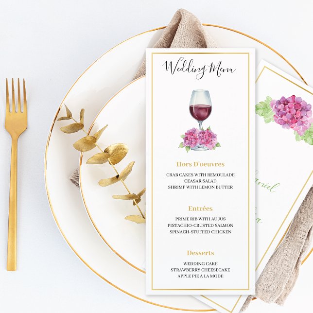 Pink Hydrangeas Wine Glass Wedding Flat Menu (Criador carregado)