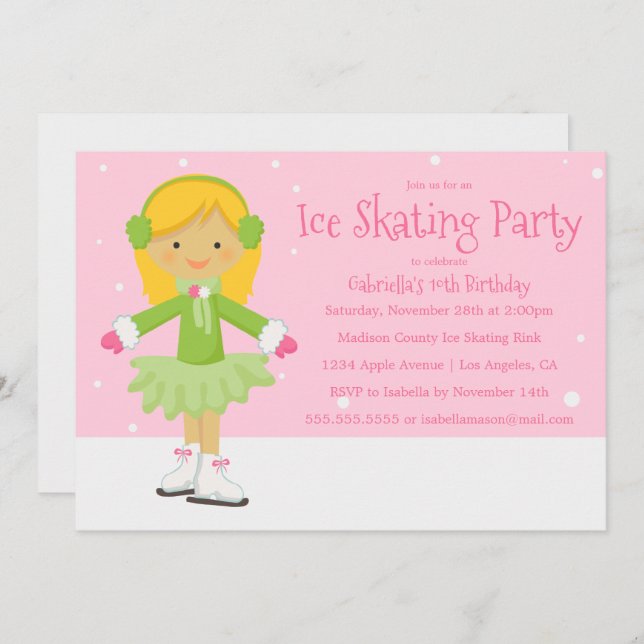 Pink Ice Skating | Convite de festa de aniversário (Frente/Verso)