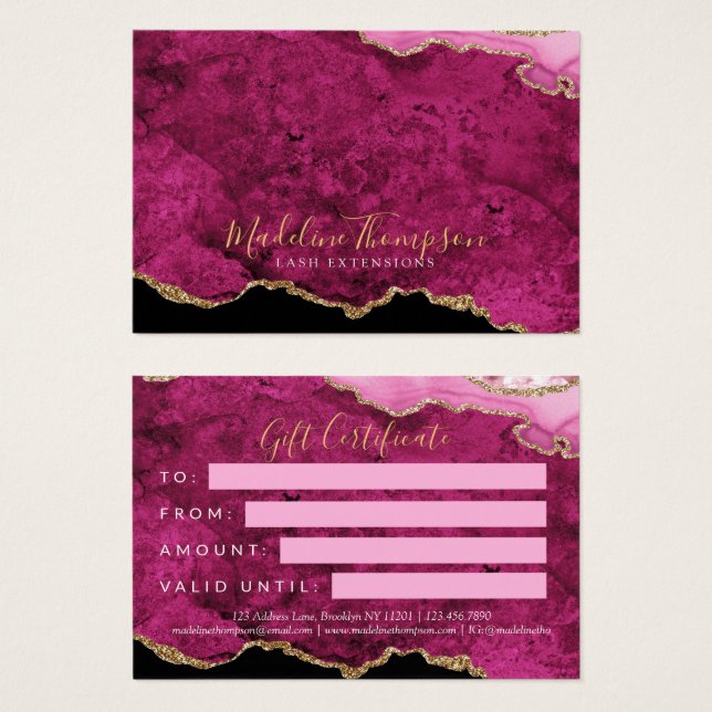 Pink Magenta Gold Agate Business Gift Certificate (Frente & Verso)